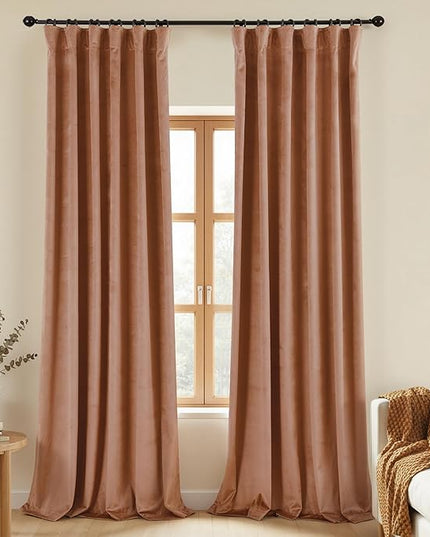 KOUFALL 102 Inch Long Velvet Blackout Curtains, Extra Long Livingroom Curtains for Track System with Pin Hooks Heading Tape, 2 Panel Set, 52x102 in Length, 2 Panel Set, Cinnamon Brown