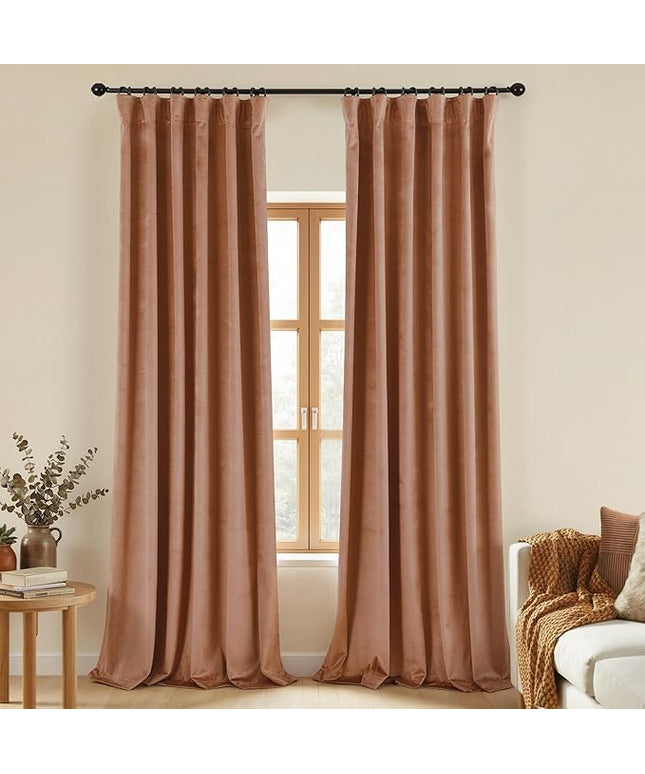 KOUFALL 108 Inch Velvet Blackout Curtains, 9FT Long Ceiling Track Curtains, Boho Luxury Pleated Black Out Drapes for Living Room Rail System, 2 Panel Set, Cinnamon Brown