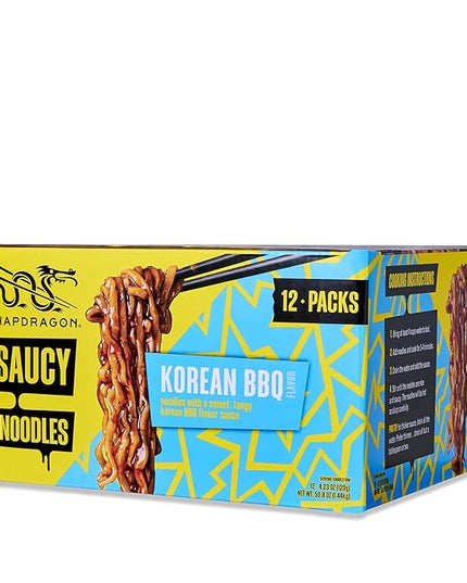 Snapdragon Saucy Instant Noodles with Korean BBQ Slurpable Sauce - Quick Meal, Snack, and Lunch. 12-Pack Microwave Noodles for Cup, Bowl, Ramen or Asian Stir Fry