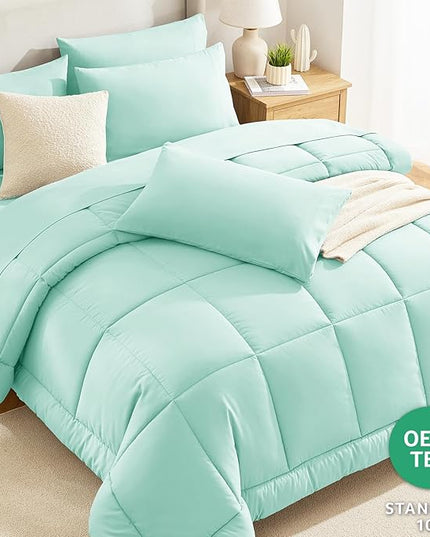 CozyLux King Size Comforter Set Mint Green, 7 Pieces Bed in a Bag, Green Comforter King Size, All Season Bedding Sets with Stitch Quilted Comforter, Flat Sheet, Fitted Sheet, Pillowcases