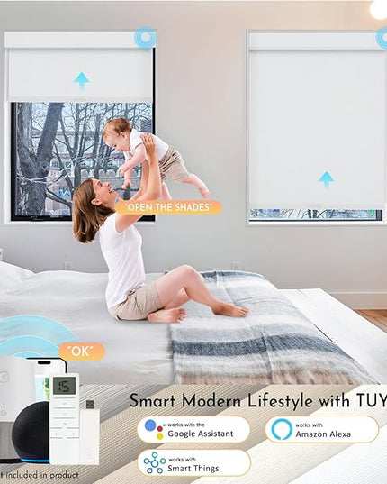 Persilux Smart Motorized Blinds with Remote, No Drill Automatic Roller Shades for Indoor Windows, Blackout Linen Fabric, Electric Blinds for Windows, Weave Swan C162BO-1, Custom Size