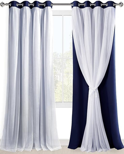 Hiasan Mix & Match Blackout Curtains with Sheer Overlay, Double Layer Extra Long Thermal Insulated Grommet Window Curtains for Bedroom, Living Room, 2 Drape Panels with Tiebacks, Navy Blue, 52W X 108L