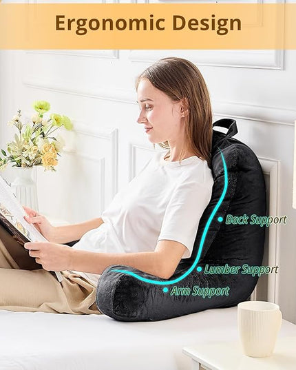 Sasttie Reading Pillow, Velvet Back Pillow for Bed Sitting Up, Adult Back-Rest Support Cushion with Arms for Sit Up on Couch, Sofa, and Floor, Dorm Essentials, Reading Accessories, Black