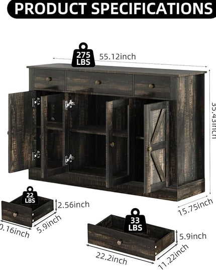 4 EVER WINNER 55" Coffee Bar with 4 Glass Doors and 3 Drawers, Sideboard Buffet Cabinet with Storage, Farmhouse Coffee Bar Cabinet with Adjustable Shelves for Kitchen, Dining Room, Rustic Oak
