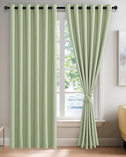 JIUZHEN Light Green Blackout Curtains with Tiebacks Thermal Insulated, Light Blocking and Noise Reducing Grommet Curtains for and Living Room, Set of 2 Window Curtain Panels, 70 x 84 Inch Length