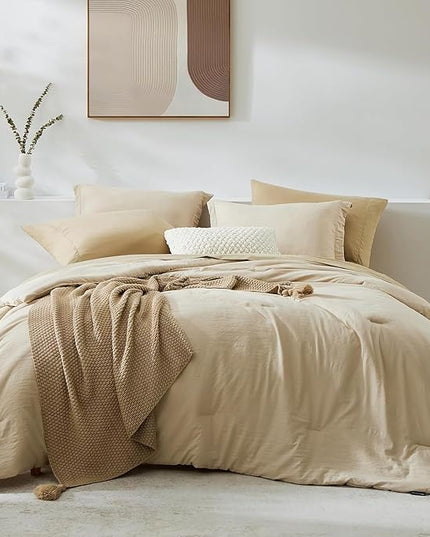 WRENSONGE Full Size Comforter Set- 7 Pieces Soft Beige Bed in a Bag Full with Fitted Sheet, Flat Sheet, 2 Pillow Shams, 2 Pillowcases, Warm Bedding Sets for All Season