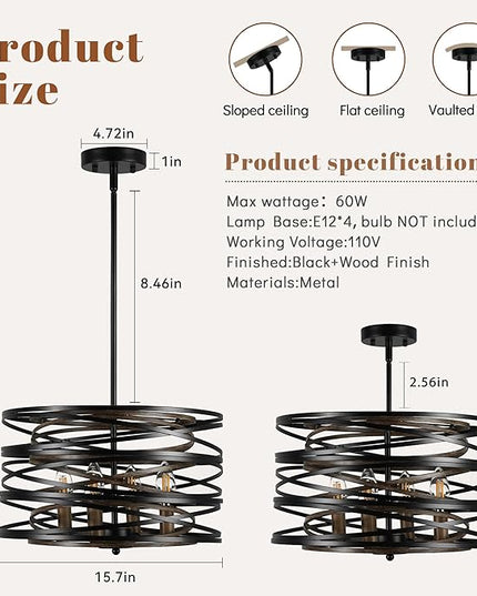 Farmhouse Chandelier,15" Drum Semi Flush Mount Chandelier Rustic Wood Grain Black Farmhouse Chandeliers for Dining Room Retro Metal Entryway Light Fixture Pendant Light for Foyer Kitchen Bedroom