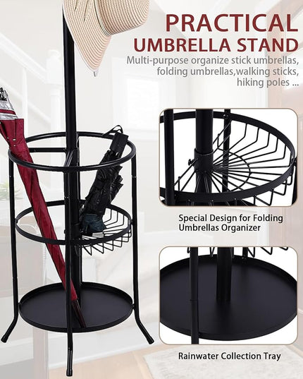 Metal Coat Rack, Freestanding Coat Rack Stand with Umbrella Holder, Coat Tree with 12 Hooks for Clothes Hats Bags, Modern Coat Hanger Stand for Entryway Living Room Bedroom Office Use, Black