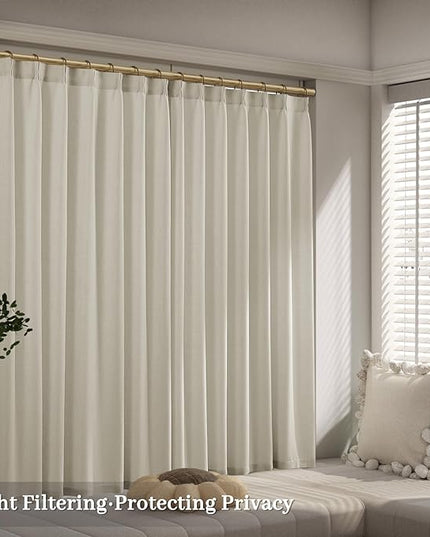 Linen Pinch Pleated Curtains 63 Inches for Cafe, Light Filtering Memory Training Shaped Cream Birch Short Non-See-Through Privacy Linen Curtain for Kitchen 2 Panels 40" W x 63" L Neutral