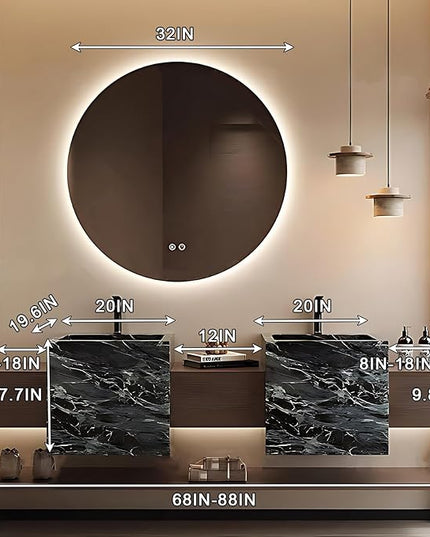 76IN Bathroom Vanity - Double Sink Bathroom Vanities with 3 Drawers, Include Smart Mirror with LED Lights & Defogging Function | Solid Wood Bathroom Cabinet with Open Style Shelves, Brown+Black