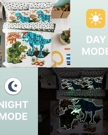 Full Size Comforter Set for Boys-7 Pieces Dinosaur Glow in The Dark Full Bedding Sets for Kids, Ultra Soft Bed in A Bag with Sheets