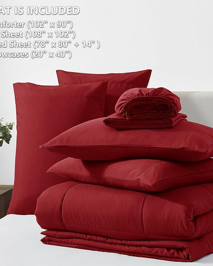 CozyLux King Size Comforter Set Dark Red, 7 Pieces Bed in a Bag, Red Comforter King Size, All Season Bedding Sets with Stitch Quilted Comforter, Flat Sheet, Fitted Sheet, Pillowcases
