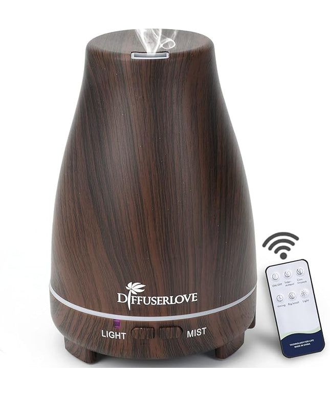 Diffuserlove Essential Oil Diffusers 200ML, Remote Control Aromatherapy Diffuser with 7 Color Lights, Auto Shut-Off for Bedroom Office Kitchen (Black Wood Grain)