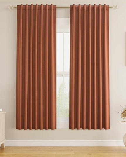 Guken Terracotta Linen Blackout Curtains 63 Inch Length 2 Panels Set Fall Curtains for Living Room Bedroom Back Tab Thermal Insulated 100% Black Out Linen Drapes，52x63