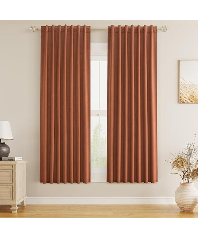 Guken Terracotta Linen Blackout Curtains 63 Inch Length 2 Panels Set Fall Curtains for Living Room Bedroom Back Tab Thermal Insulated 100% Black Out Linen Drapes，52x63