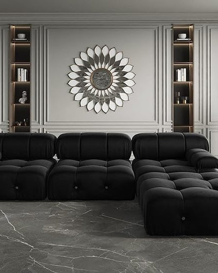 JACH 104'' Modern Sectional Sofa, L-Shaped Minimalist Velvet Floor Sofas Couches, Couch Sectional with Reversible Chaise Ottoman for Living Room Office Apartment (3 Seats,1 Ottoman, Black)