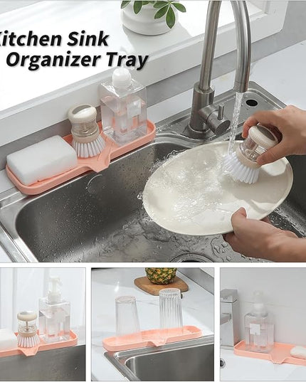 Silicone Bathroom Soap Dishes with Drain Spout-Bathroom and Kitchen Sink Organizer,Sponge Holder,Dish Soap Tray,Perfect for Dispenser,Scrubber,Bottle,Cup on Sink or Counter-Pink 12"×4"