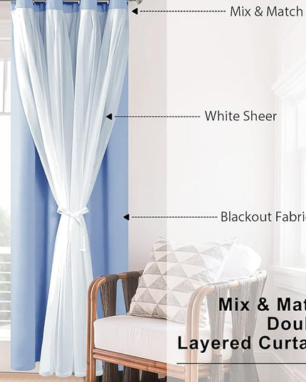 Hiasan Blackout Curtains with Sheer Overlay, Mix & Match Double Layer Thermal Insulated Room Darkening Curtains for Bedroom, Living Room, 2 Window Curtain Panels with Tiebacks, Baby Blue, 52W X 108L