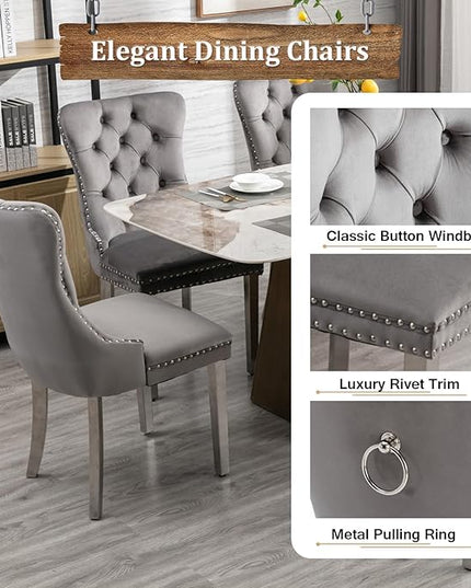 7 Piece Dining Table Set with 6 Grey Dining Chairs, Modern Glass Kitchen Table and Chairs Set for 6, 70" Rectangle Silver Glass Pedestal Dining Room Tables with Flash-Shape Stainless Steel Base