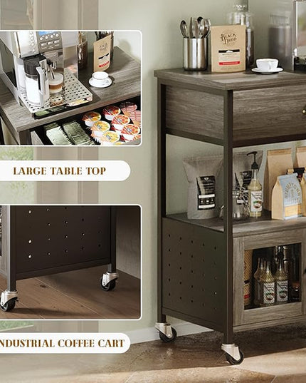 Catrimown Coffee Cart Station, Coffee Stand Station, Small Microwave Stand with Drawer, Movable Farmhouse Coffee Station Table on Wheels for Living Room, Entryway, Dining Room, Kitchen, Wash Grey