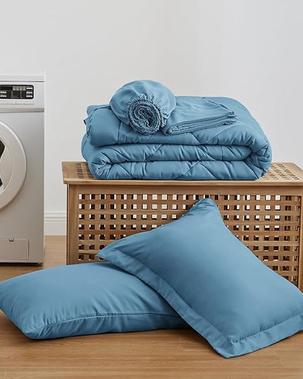Love's cabin Twin Comforter Set Misty Blue, 5 Pieces Twin Bed in a Bag, All Season Bedding Sets with 1 Comforter, 1 Flat Sheet, 1 Fitted Sheet, 1 Pillowcase and 1 Pillow Sham