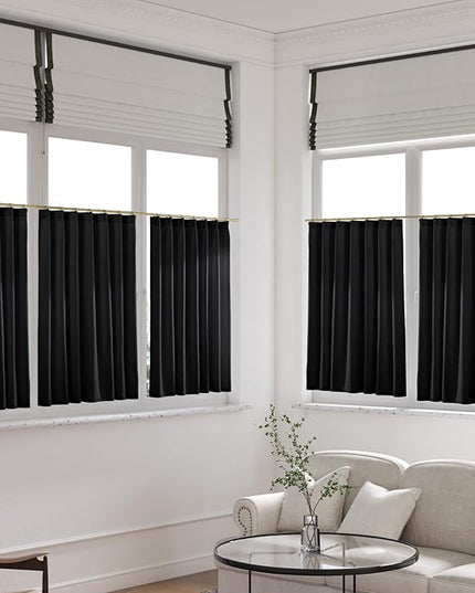 Black Linen Short Pinch Pleated 45 inch Curtains for Windows Over Sink, Light Filtering Vintage Curtain Semi Sheer Privacy for Kitchen Cafe Small Window Back Tab Drape Home Decor 2 Panels Set