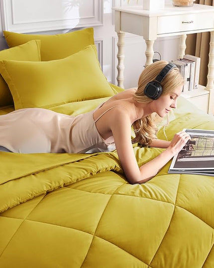 CozyLux Full Size Comforter Sets Mustard Yellow - 7 Pieces Bed in a Bag Full, Luxury Soft Bed Set for All Seasons, Bedding Set with Down Alternative Comforter, Sheets, Pillowcases & Shams