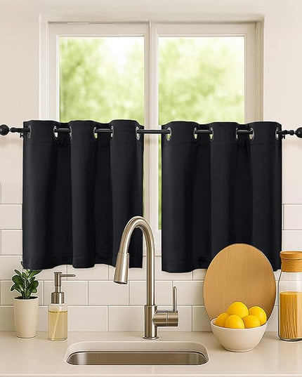 Simplebrand Halloween Black Short Kitchen Curtains 24 Inch Length 2 Panels Set, Small Windows Blackout Curtain for Bathroom, Room Darkening Thermal Insulated Short Drapes, 40 x 24 Inch, Black