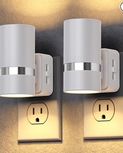 DORESshop LED Night Light 2 Pack, White Cylinder Dimmable Night Light Plug in, Slide Brightness Adjustable, Night Lights with Dusk to Dawn Sensor, 3000K Warm White for Bedroom, Bathroom, Hallway
