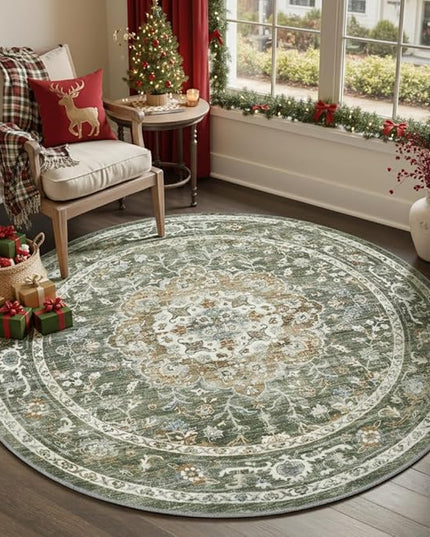 PADOOR-Vintage 6FT Round Rug-Rugs for Living Room-Soft Olive Green Circle Rug-Machine Washable Rugs for Bedroom-Non Slip Carpet-Rug for Dining Room Living Room Bedside Office
