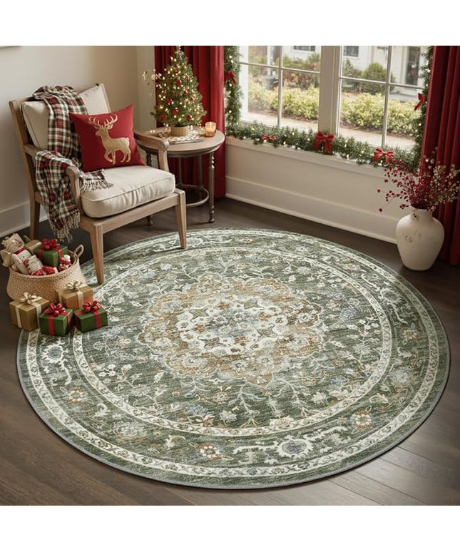 PADOOR-Vintage 6FT Round Rug-Rugs for Living Room-Soft Olive Green Circle Rug-Machine Washable Rugs for Bedroom-Non Slip Carpet-Rug for Dining Room Living Room Bedside Office