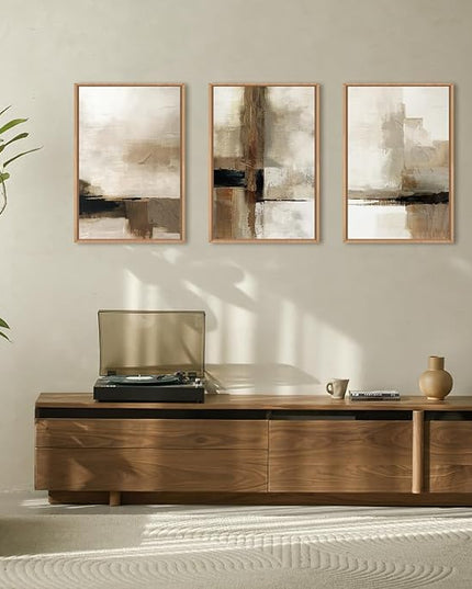 HOURIA Large Abstract Neutral Framed Canvas Wall Art Set,Brown Beige Wall Decor,Minimalist Black Wall Painting,Modern Brush Stroke Line Art Print for Living Room,Bedroom,Office- 16"x24"x3