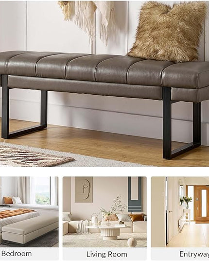 HULALA HOME 53" Faux Leather Entryway Bench, Button Tufted End of Bed Bench Ottoman for Bedroom, Living Room with Metal Base, Grey