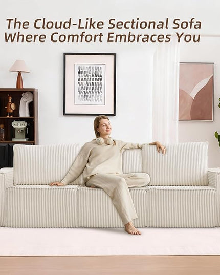 102” Boneless Modular Couch, 3 Seater Cloud Sofa for Living Room, Modern Sectional Sofa with Deep Seat, Comfy Fluffy Loveseat Couch, No Assembly Required, Beige