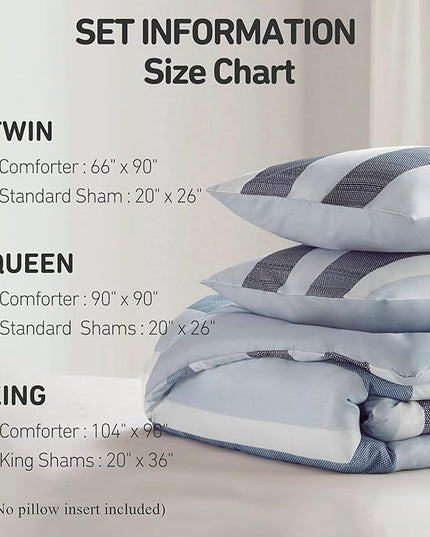 King Comforter Set, 3 Pieces Striped Bed Set, Soft Brushed Microfiber Reversible Bedding Set for All Season, Lightweight & Breathable Bedding Set with Comforter & Shams, Navy/Blue