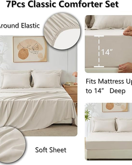 CozyLux Full Size Comforter Sets Beige - 7 Pieces Bed in a Bag Full, Luxury Soft Bed Set for All Seasons, Bedding Set with Down Alternative Comforter, Sheets, Pillowcases & Shams