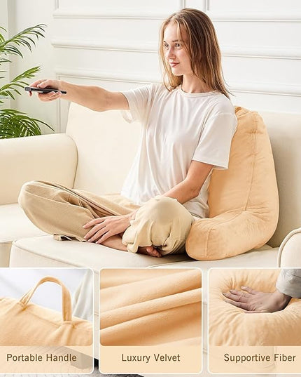 Sasttie Reading Pillow, Velvet Back Pillow for Bed Sitting Up, Adult Back-Rest Support Cushion with Arms for Sit Up on Couch, Sofa, and Floor, Dorm Essentials, Reading Accessories, Camel