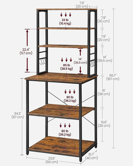 VASAGLE Coffee Bar, 23.6 Inches Baker's Rack for Kitchen with Storage, 6-Tier Kitchen Shelves with 6 Hooks, Microwave Stand, Industrial, Rustic Brown and Ink Black UKKS024B01