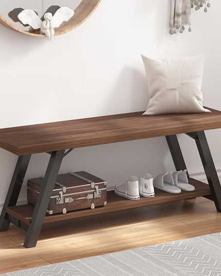 LVB Wood Entryway Bench, Industrial Metal Indoor Shoe Rack, Wooden Storage Bench for Bedroom, Farmhouse Hallway Seating, Walnut, 47 Inch