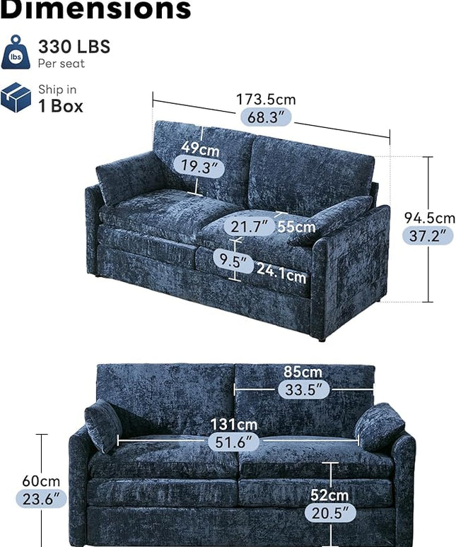 Tbfit Modern Loveseat Couch, 68" Cloud Sofa Spring Seat Cushion, Comfy 2-Seater Love Seat with Pillows, Chenille Removable Cover, Soft Upholstered Living Room Furniture Home Apartment, Blue