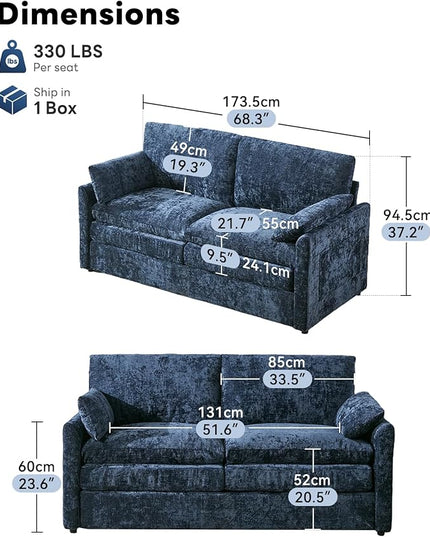 Tbfit Living Room Furniture Set, Loveseat Couch & Accent Chair, Modern Comfy Cloud Sofa Set, Spring Seat Cushions, Chenille Fabric, Blue