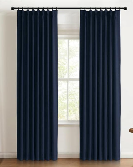 100% Blackout Shield Linen Look Textured Pinch Pleated Curtains Blackout Drapes 84 Inch Long 2 Panels Set, Faux Linen Blackout Curtains for Bedroom & Living Room, 40" W x 84" L, Midnight Blue