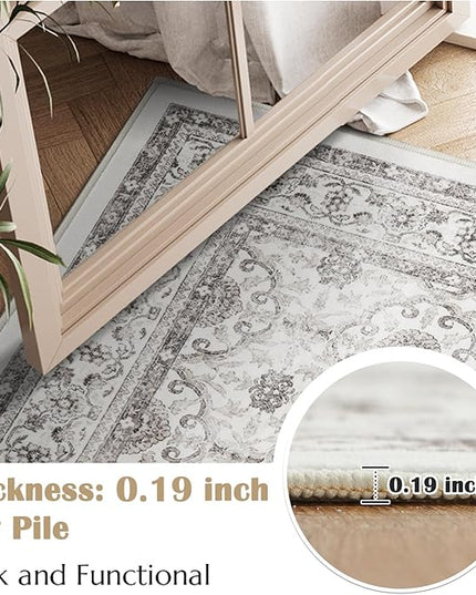 jinchan Floral Area Rugs 4x6 - Machine Washable Vintage Distressed Boho Design Throw Rug Stain Resistant Carpet Low Pile Ultra-Thin Non-Slip for Bedroom Living Room Dining Room Kitchen (4‘x6', Beige)