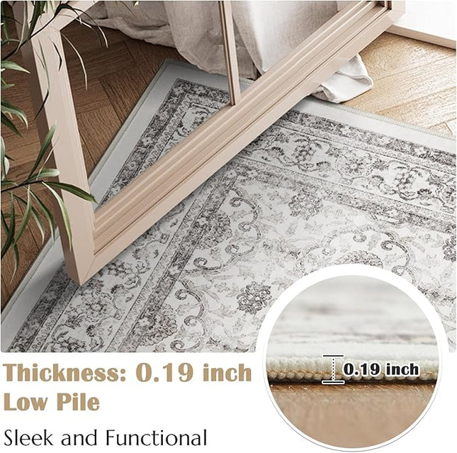 jinchan Hallway Runner Rug 3x10 - Machine Washable Beige Vintage Floral Distressed Design Soft Non-Slip Low-Pile Ultra-Thin Runner Rug for Kitchen Laundry Room Bedroom Farmhouse (3‘x10', Beige)
