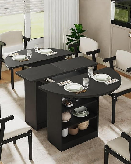 59'' Extendable Dining Table for 4-8, Round Kitchen Room Table with 3-Tier Storage Racks, Adjustable Shelves, Wooden Pedestal Base, for Kitchen, Dinner, Living Room, Office, Black