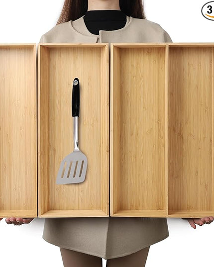 V-Shaped Bamboo Drawer Organizer Set of 3, Kitchen Large and Long Utensil Plate, Flatware & Silverware Storage Box, Wood Drawer Organizer for Bedroom, Living Room (19.6"x5.7" & 7.8" & 12.4")