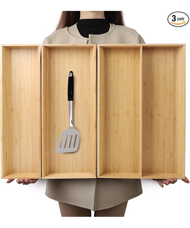 V-Shaped Bamboo Drawer Organizer Set of 3, Kitchen Large and Long Utensil Plate, Flatware & Silverware Storage Box, Wood Drawer Organizer for Bedroom, Living Room (19.6"x5.7" & 7.8" & 12.4")