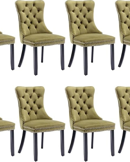 SoarFlash Velvet Dining Chair Set of 8, Upholstered Tufted Dining Room Chair with Nailhead Trim and Solid Wood Leg for Kitchen (Olive Green)