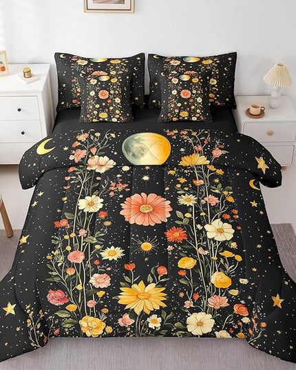Feelyou Gothic Nature Comforter Set Full Size 7 Pieces Comforters Bohemian Bedding Set Butterfly Moth Flower Bed Set Bed in a Bag with Comforter, Sheets, Pillowcases & Cushion Covers