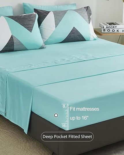 Bedbay Teal and Grey Comforter Set 8 Pieces King Size Bed in a Bag Geometric Chevron Teal Comforter Set with Sheets Soft Lightweight Bed Set Western Bedding